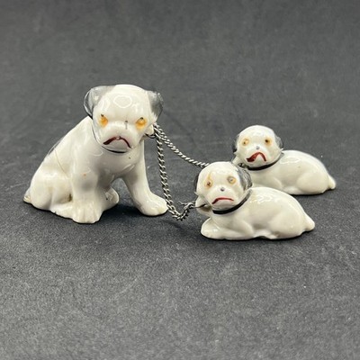 Unbranded Japan 1950s Ceramic Bulldog Mother Two Chained Puppies Figurine Set