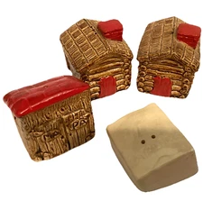 VINTAGE OUTHOUSE AND LOG CABIN SALT AND PEPPER SHAKERS WITH CATALOGUE