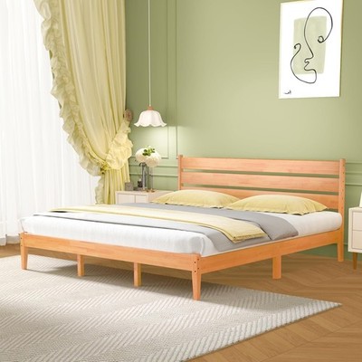 Rustic King Size Solid Wood Bed Frame with Ladder Headboard & Easy Assembly