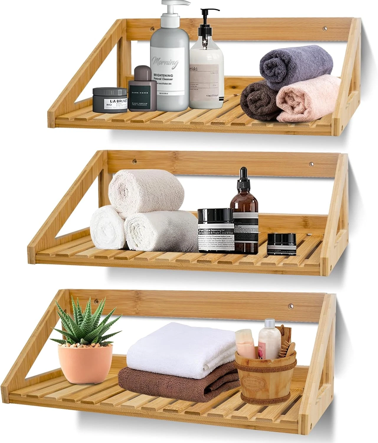 Floating Bamboo Shelves, Wall Mounted 3-Piece Rack, Storage for Bedroom