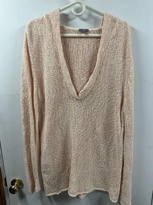 J. Jill Purejill Open Knit Crochet Hoodie Tunic Size XL Peach Long Sleeve V-neck