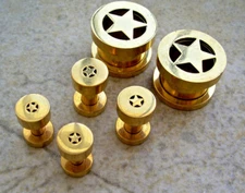 Pair Ear Plugs Screw Tunnel Lone Star 14k Gold Plated Surgical Steel A-1