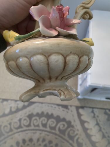Beautiful Italian Capodimonte 9” Vase Handled & Footed Pink Flowers & Stamp - Picture 11 of 13