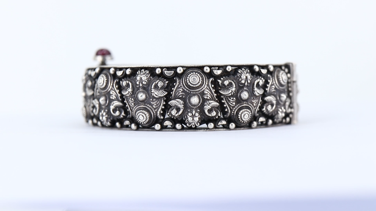 Embossed Design 925 Sterling Silver Statement Bangle , Indian
