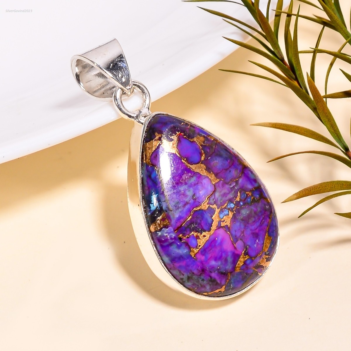 Purple Copper Turquoise Gemstone Pendant 925 Sterling Silver