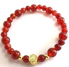 Red carnelian beaded bracelet with gold leaf pendant healing gemstone women