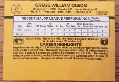 GREGG OLSON Baltimore Orioles 1989 Donruss Baseball Card #46 RATED