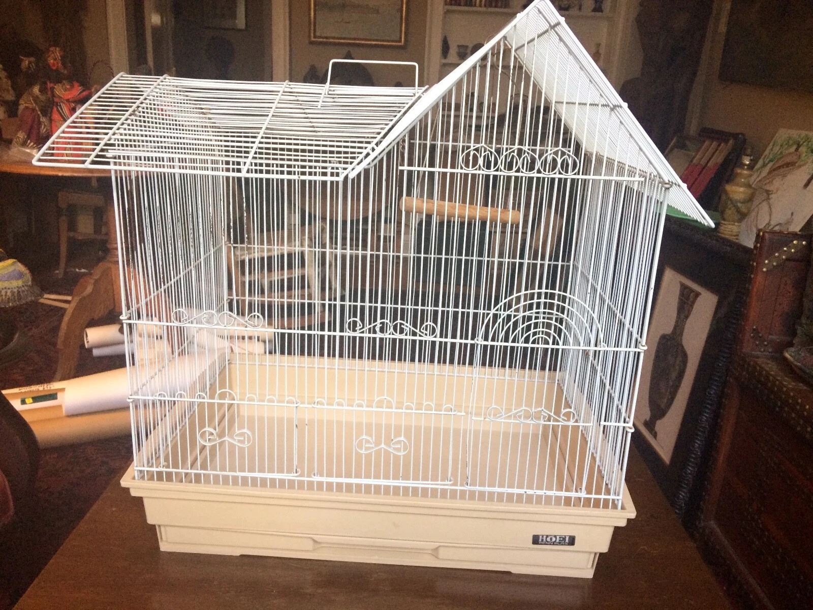 VINTAGE LARGE WHITE HOEI BIRD CAGE, MADE IN JAPAN, DETAILED HOUSE STYLE, HANDLED