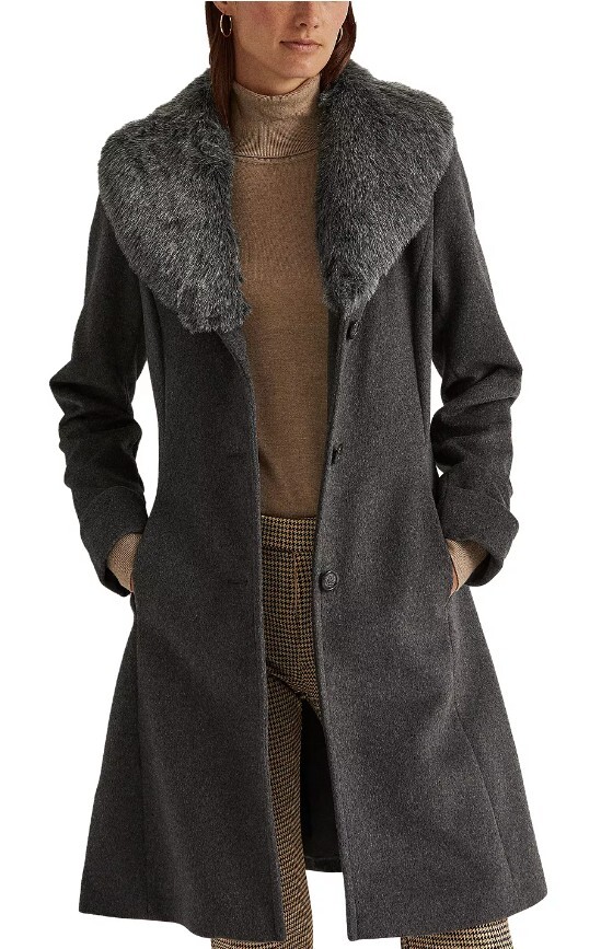 Lauren Ralph Lauren Women's Faux- Fur Trim Grey Walker Coat Size 8