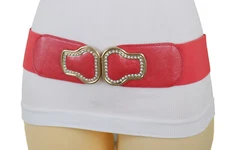 Women Coral Pink Faux Leather Elastic Waistband Wide Belt Gold Buckle Size S M