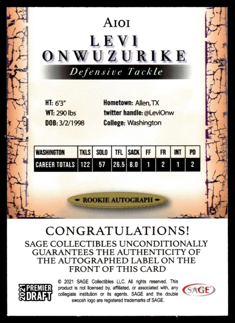 2021 SAGE Premier Draft Red Levi Onwuzurike Rookie Auto #A101 | eBay