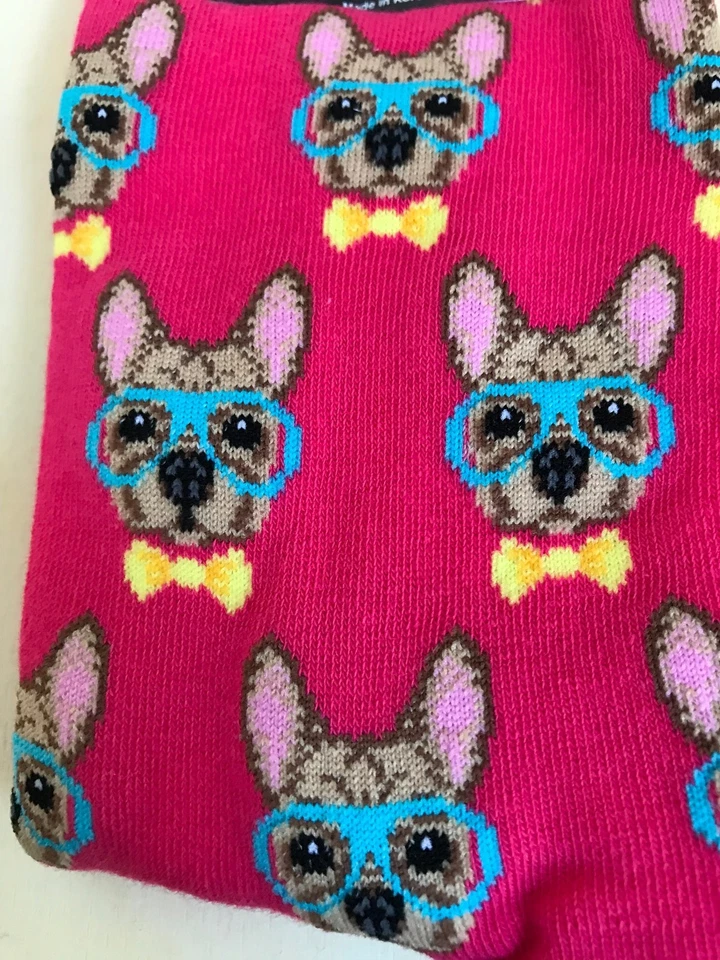 Smart Frenchie 小狗袜 粉色 Crew 新奇女式 尺寸 4-10 Hot Sox 罕见 — 第 2/4 张图片