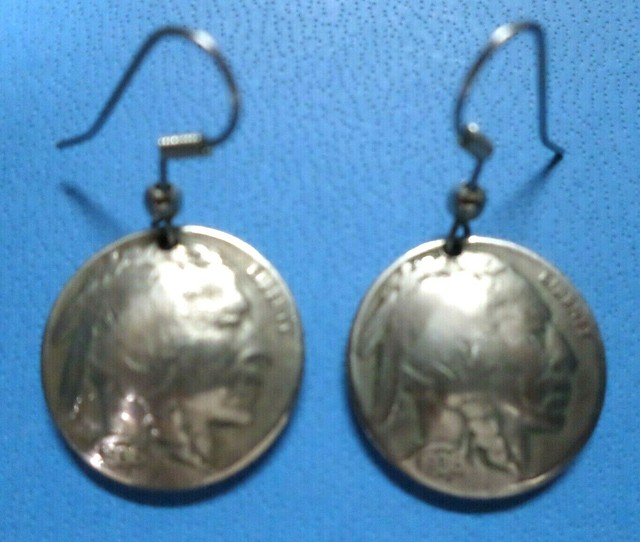 Vintage Buffalo Nickle Earrings Native American Indian Head1935 Coins