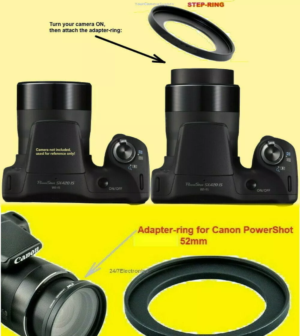 ADAPTER RING +FILTER KIT+HOOD+LENS CAP 52mm to CANON POWERSHOT