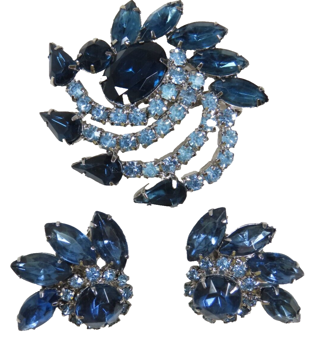 Rhinestone Glass Brooch Earring Set Vintage Denim and Light Blue