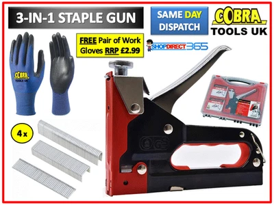 COBRA HEAVY DUTY 3 in 1 STAPLE NAIL GUN TACKER STAPLER UPHOLSTERY 150 x STAPLES 4-65