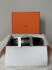 Hermes Reversible Solid Black Belt Silver Buckle Size 95 Fits Mens Waist 34-36