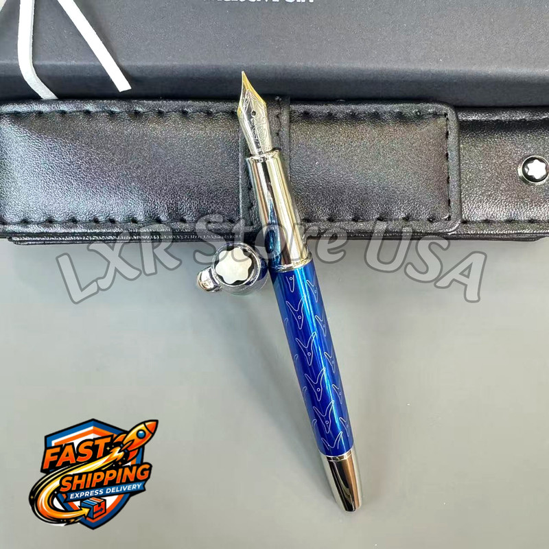 BID NOW HOT ( MB ) Blue Fountain Pen Silver Trim Wave Pattern w/ Leather Pouch