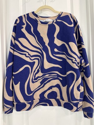 Bershka Women Pullover Print Sweatshirt Medium Purple Beige Long Sleeve 
