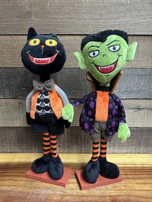 Set Of 2 Halloween Cloth Figures On Wood Base Dracula Black Cat 15  Tall