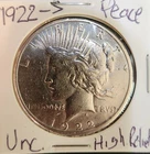 New Listing1922-S Peace Dollar $1 US Coin High Relief Uncirculated 90% Silver Uncertified