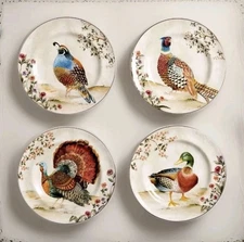Pottery Barn S/4 Mixed Botanical Harvest Bird Salad Plates 8.5" Thanksgiving