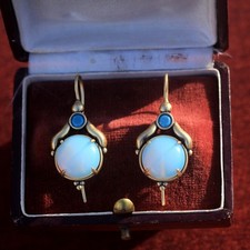 Orecchini Dormeuse Dorato Incastonato Cz Blu Mezzo Perla Pietra di Luna Syn. SB9