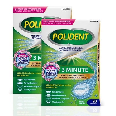 2 Pk Polident 3 Minute Antibacterial Dental Appliance Cleanser Tablets, 90 Ct