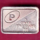 SILVER BAR:- Weight – 5.00 gm "P" 5 GRAM FINE SILVER 999 RARE BAR #C7