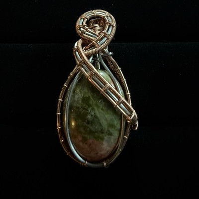 Handmade Unakite Copper Wire Wrapped Pendant Mixed Metal Artisan Jewelry Gift