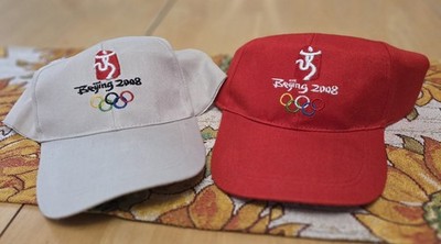 Beijing 2008 Olympics Embroidered Tan & Red Baseball Style Hats Adjustable - NEW
