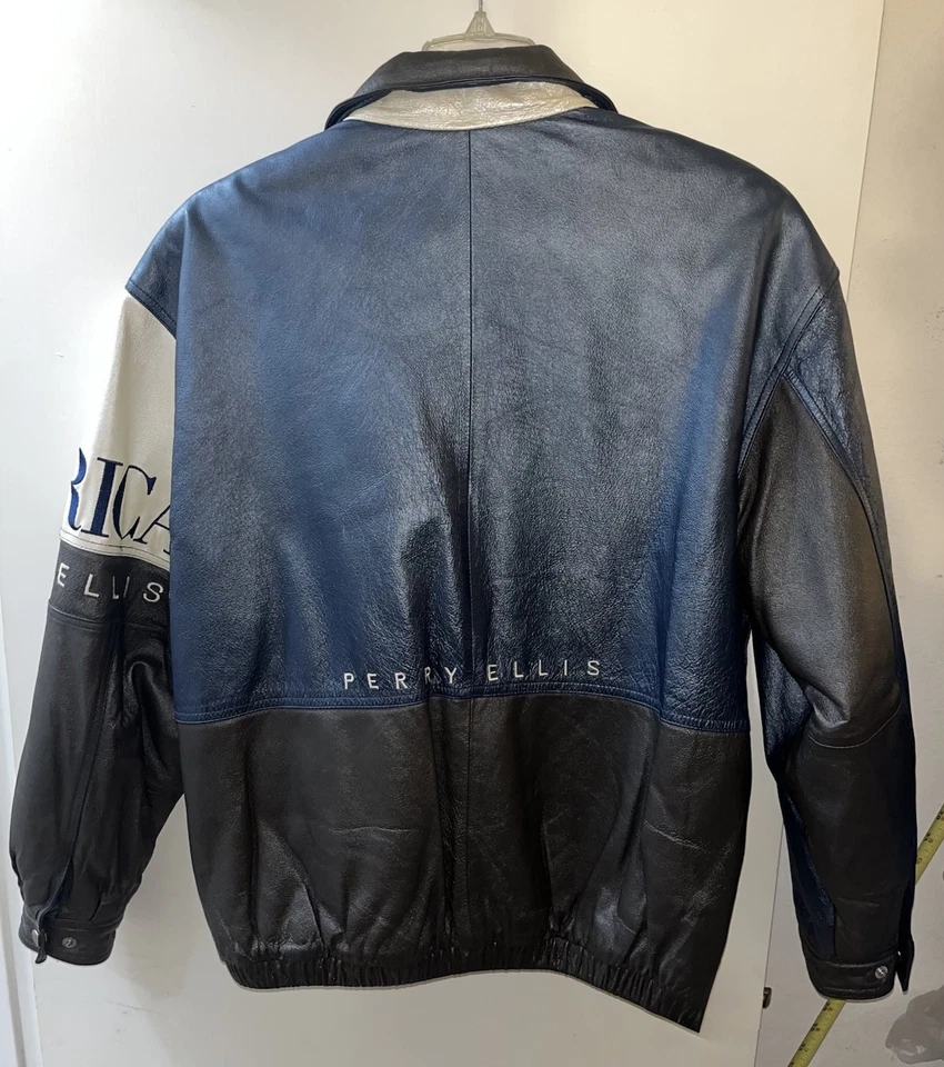 Perry Ellis America Leather Jacket Adult Large Oversized Bomber 90s Colorblock - Image 3 of 4
