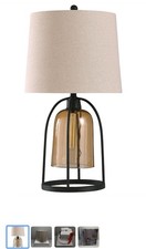 Modern Table Lamp with Amber Glass Base, Beige Drum Shade, Matte Black Finish