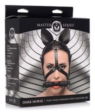 Master Series Dark Horse Pony Head Harness Silicone Bit Black BDSM Fetish Gear