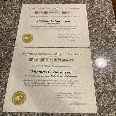 Original NASA Achievement Award For Galileo Mission Operations System Design