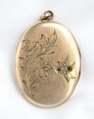 Antik 8K & Gelbgold gefüllt geätzt Vogel Blumen Glas Steine Medaillon Anhänger