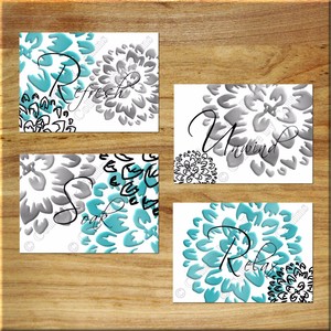 Teal Gray Black Floral Bathroom Wall Art Pictures Prints Decor Unwind Relax Soak Ebay