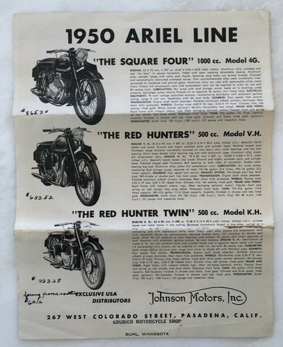 1950 ARIEL MOTORCYCLE Sales Flyer VINTAGE ADVERTISING Square Four RED HUNTER