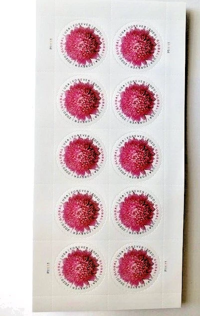 USPS Global Forever Stamps Chrysanthemum - Peel & Stick - 1 Sheet of 10 stamps NEW