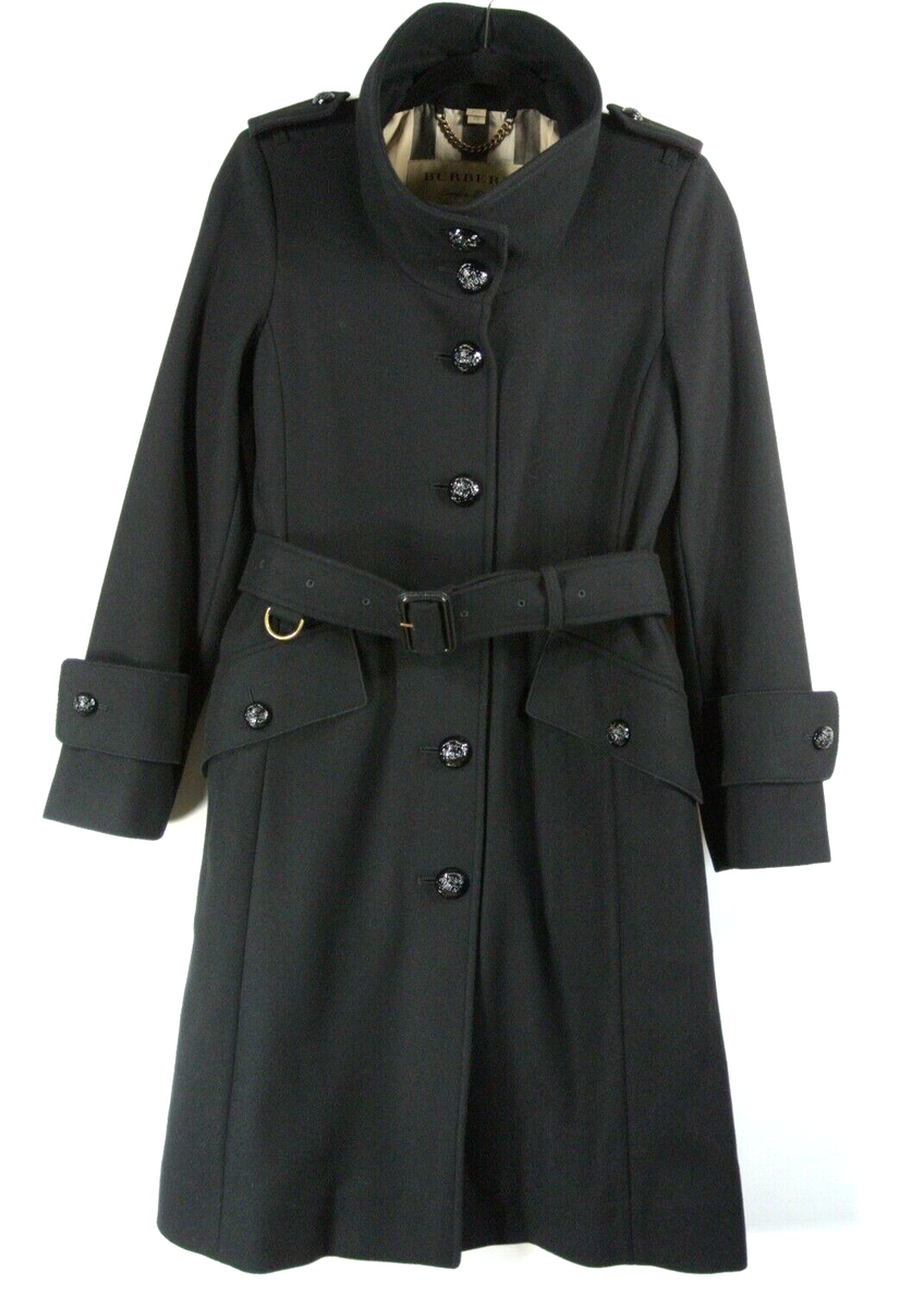 NEW Burberry London Wool Blend Belted Stand Collar Coat in Black