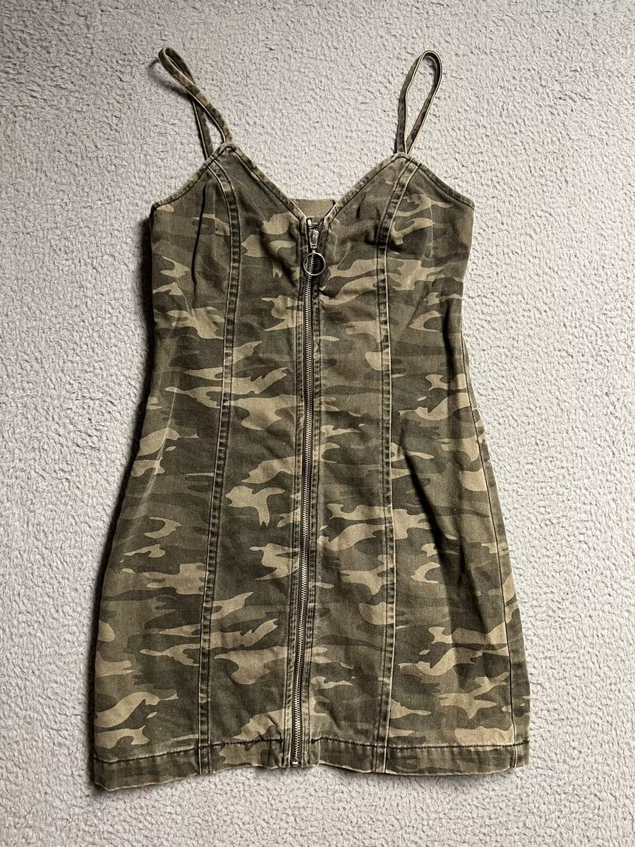 Topshop Moto Dress Womens Size 2 Camo Print Denim Ring Zip Up Mini