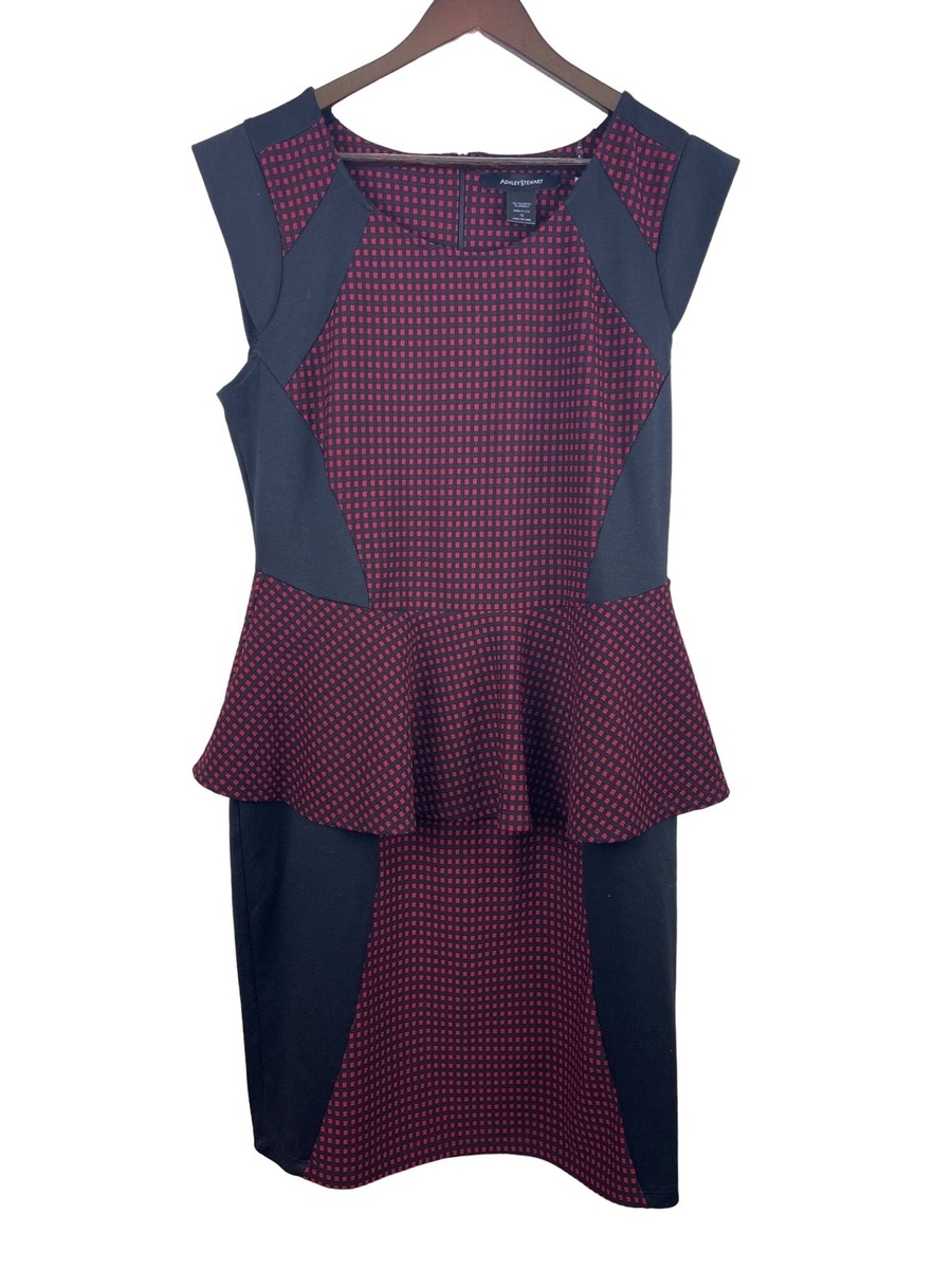 ashley stewart peplum dress Ashley Stewart Cap Sleeve Peplum Red Black Plaid Dress Women's Size 12