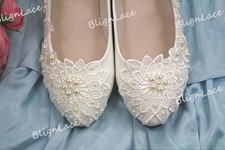 Lace bridal pearls wedding high heel low heel flat bridesmaid shoes size