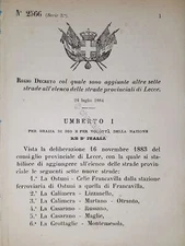 Decree Kingdom of Italy - Added seven streets to the list of streets Lecce 1884