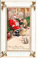 Vintage Santa Claus Asleep on Park Bench Christmas Day & Children Postcard RARE