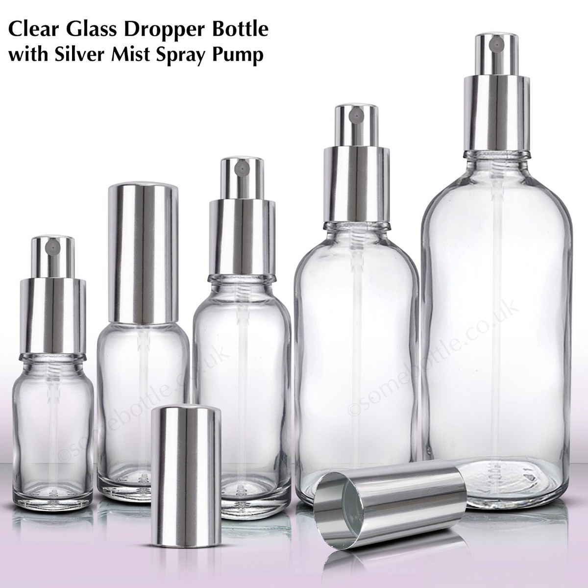 CLEAR Glass Spray Bottle with Silver Mist Spray Atomiser Pump