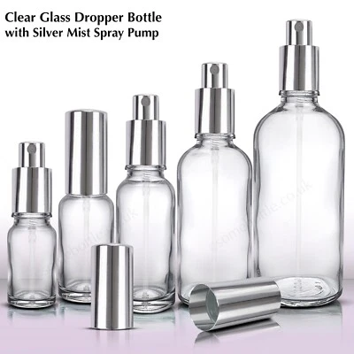 CLEAR Glass Spray Bottle with Silver Mist Spray Atomiser Pump Wholesale UK Stock