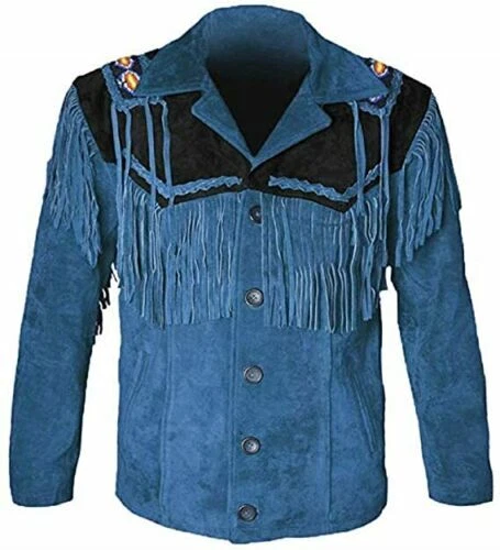 Men American Native Western Cowboy Suede Leather Jacket Fringes