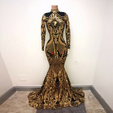 Gold Sequined Long Sleeve Mermaid Evening Prom Shower Dress Celebrity Party Gown