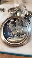Vintage Brass Pocket Watch With Wolf Etching In Velvet Lined Box Japan Movoment